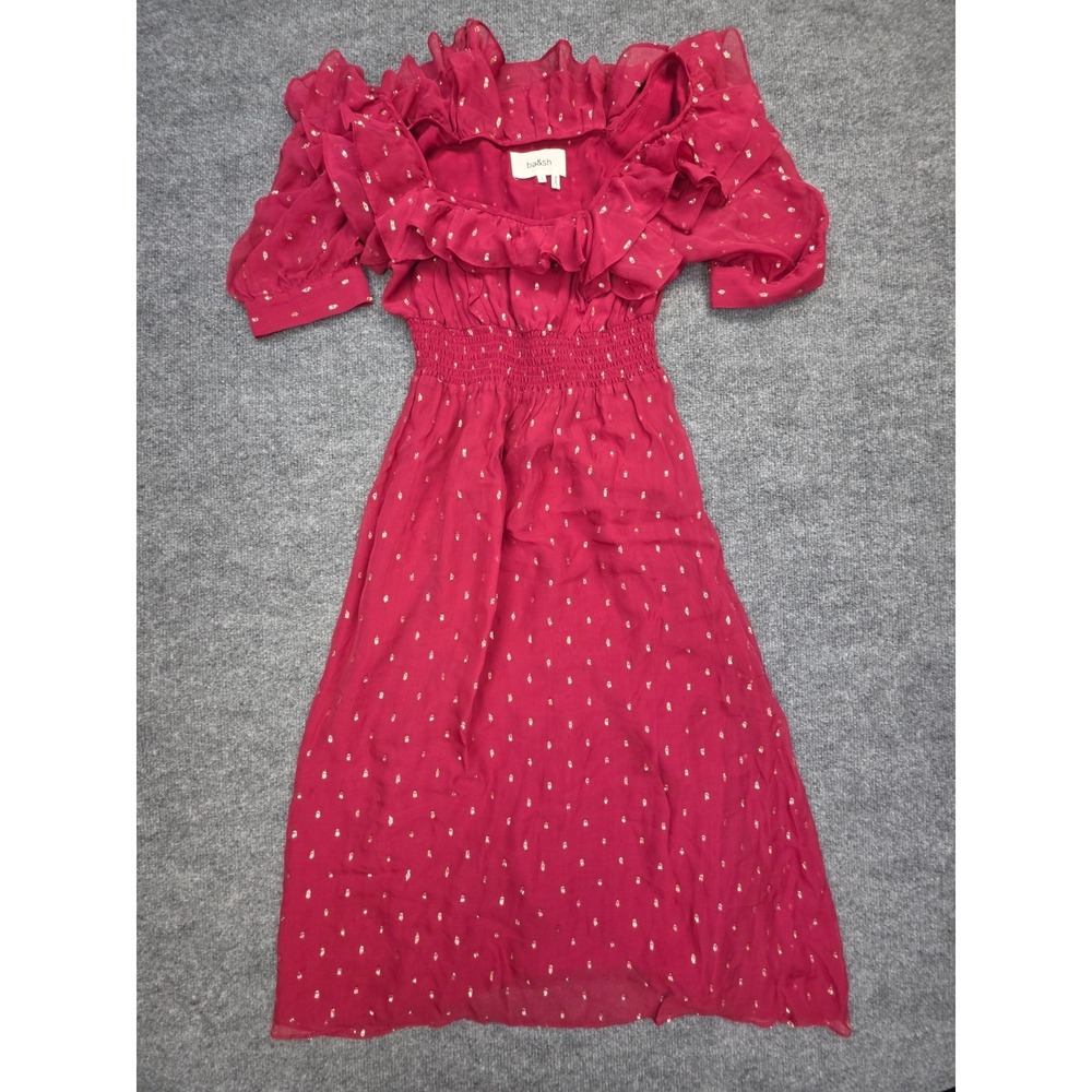 Ba&sh Crimson Red Romeo Midi Dress Women's Small (4) Red Polka Dot Silk Blend
